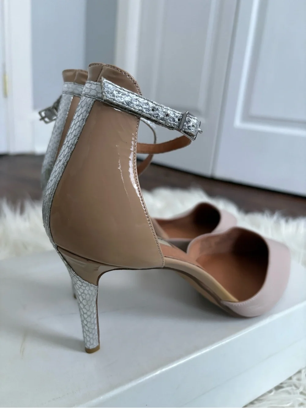 Halogen Nude Leather Pointed Toe Heels with Silver Snake Print Stiletto